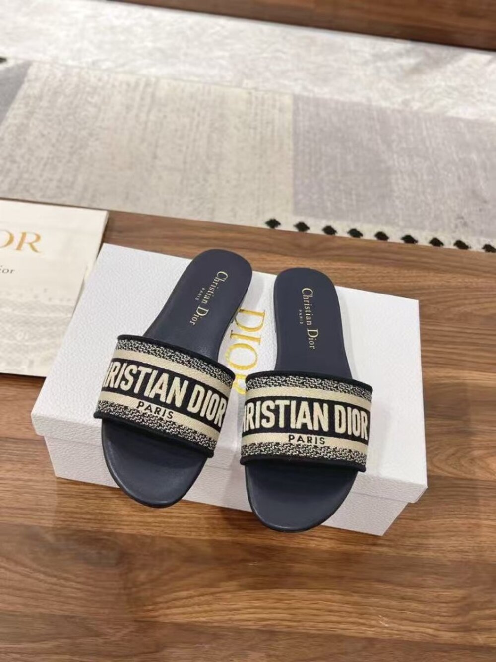 Dior Dway Navy Blue Canvas Slide Sandals